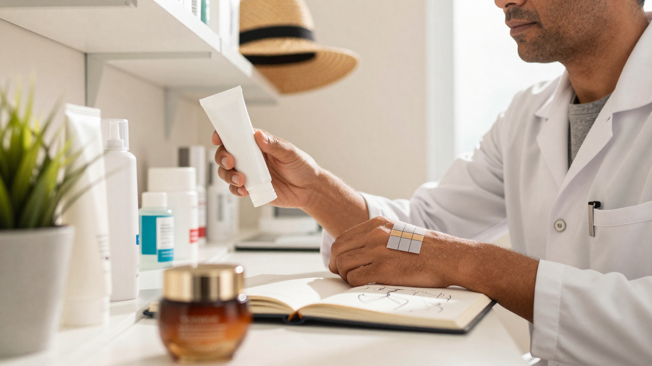 Person in white coat applying a patch to forearm while holding a cosmetic tube in a skincare testing setting