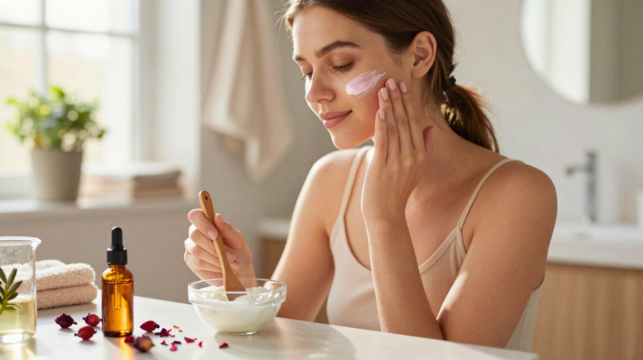 Woman applying pink face cream while mixing ingredients in a bowl on a bright bathroom counter.