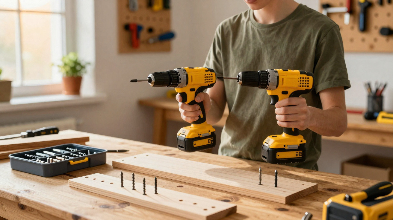 Person in green shirt holding two yellow cordless drills over wooden boards with screws on a workbench.