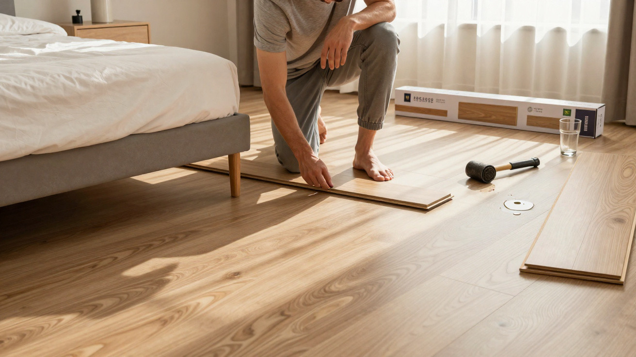 Person installing wooden floor panels in sunlit bedroom with bed and tools nearby
