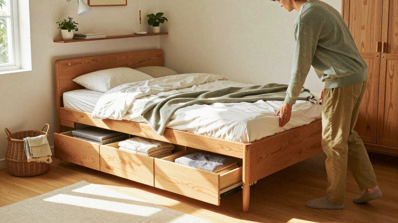 Person making a wooden bed with storage drawers pulled out underneath in a bright, minimal bedroom.