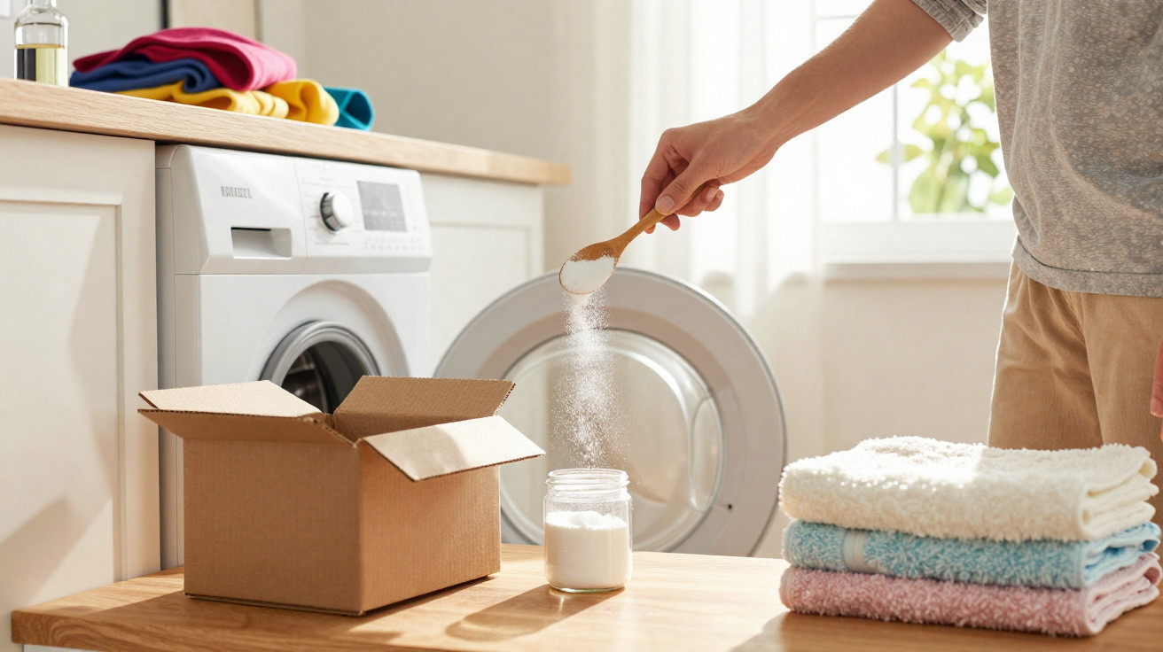 Person scooping laundry detergent powder from jar beside washing machine and folded towels in bright laundry room