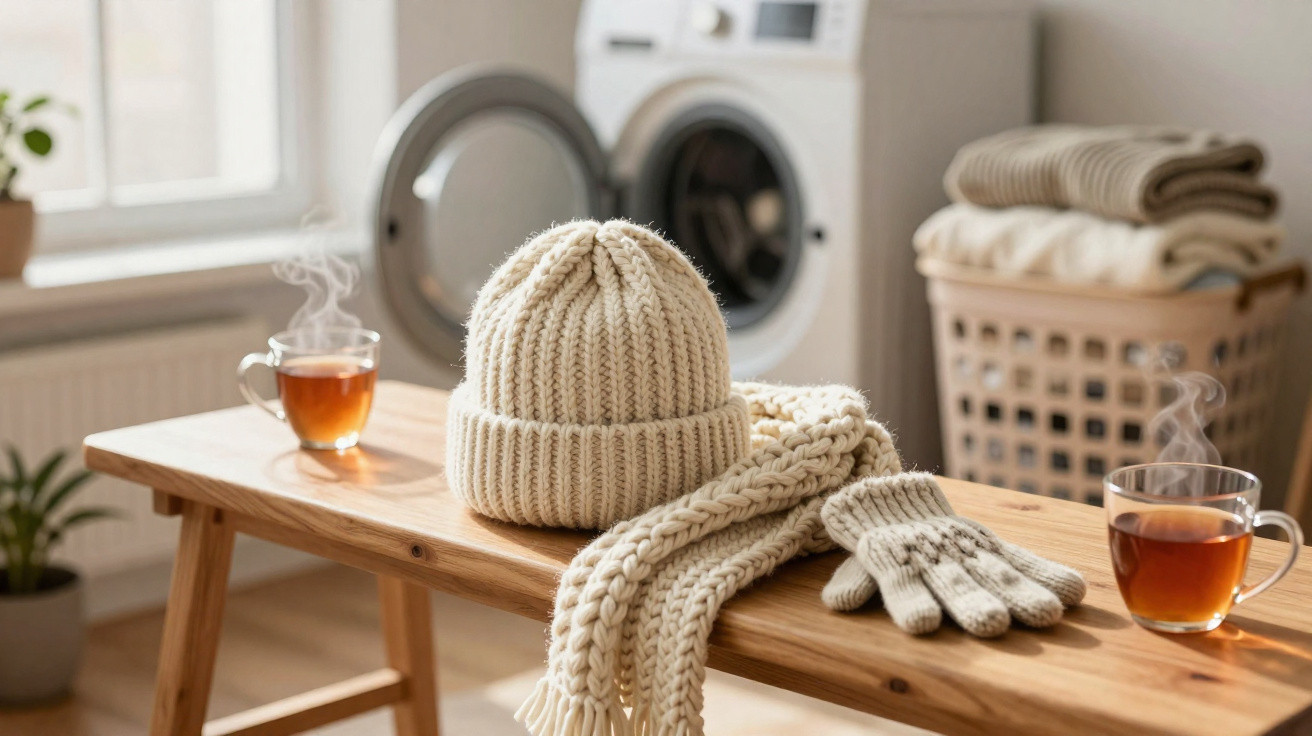 Beige knitted hat, scarf, and gloves on a wooden bench with two steaming cups of tea and a washing machine in the background.