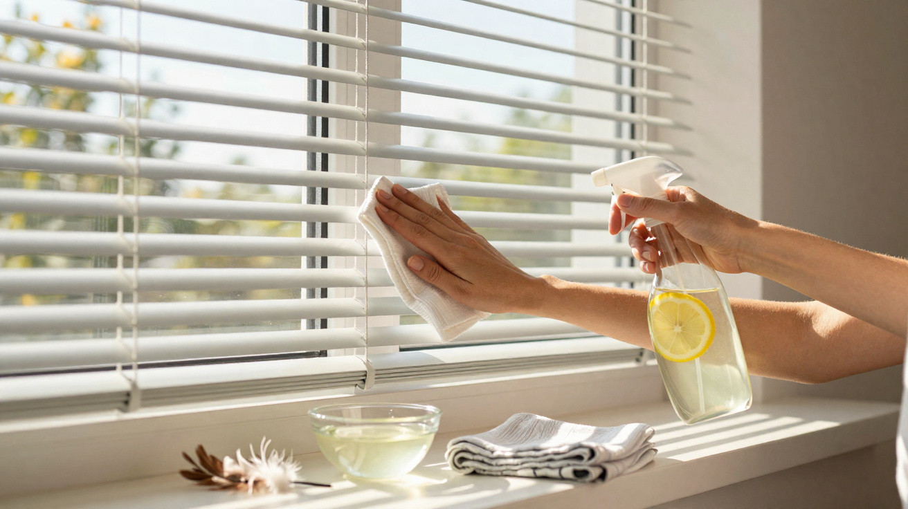 Person cleaning white window blinds with cloth and spray bottle containing lemon water in daylight.