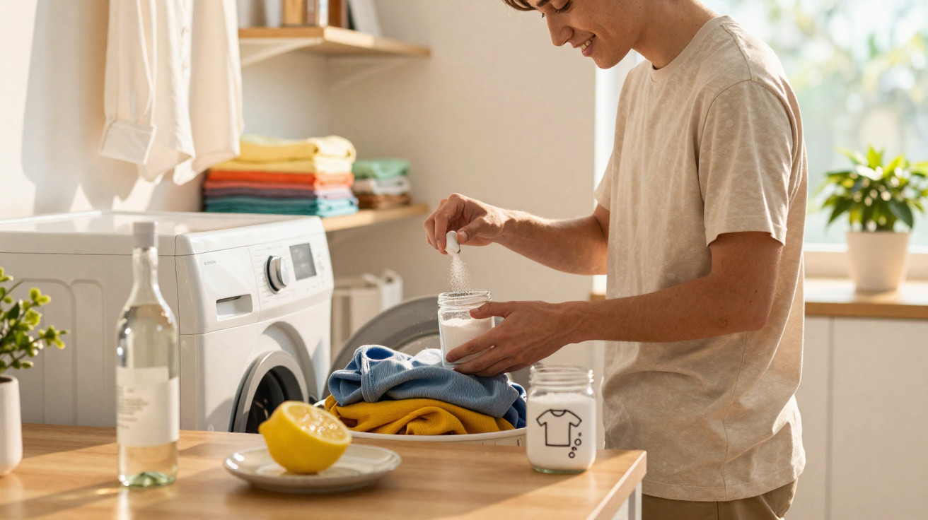 Person adding powdered detergent to washing machine in bright laundry room with folded clothes and lemon on table.