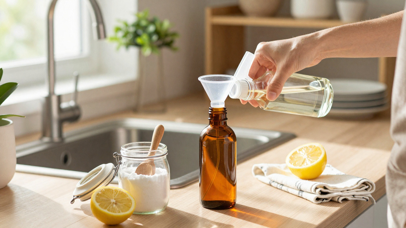 Hand pouring liquid through a funnel into an amber glass bottle on a kitchen counter with lemon and baking soda nearby