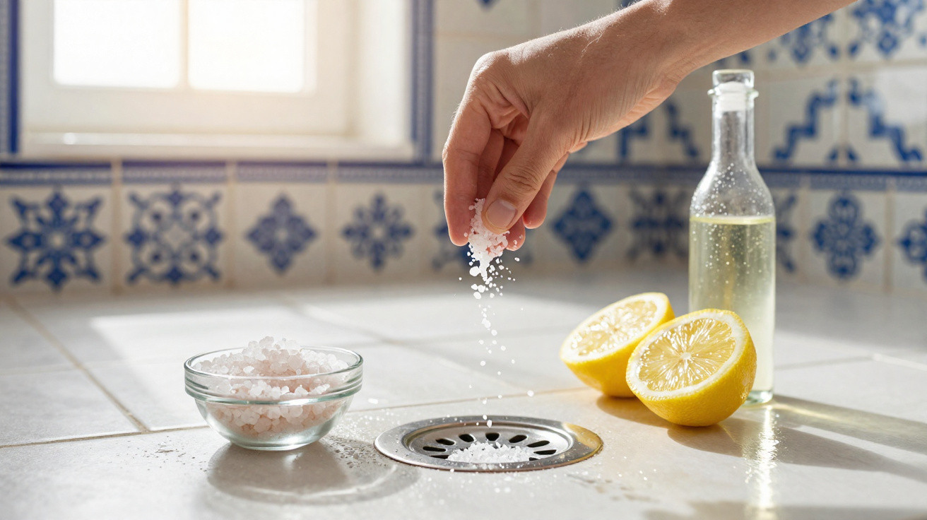 Hand sprinkling coarse salt into a kitchen sink drain with lemon halves and a bottle of vinegar nearby.
