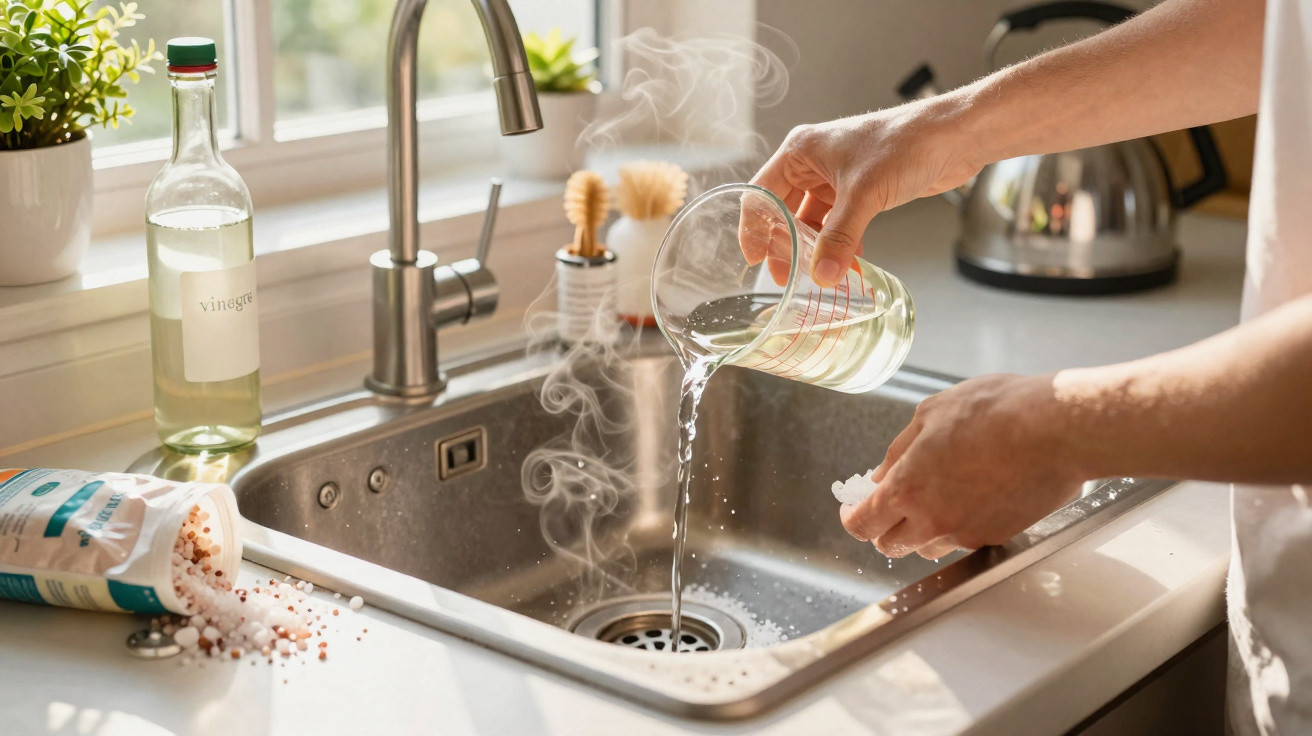 Person pouring hot water into a kitchen sink drain, preparing to clear a blockage with salt and vinegar.