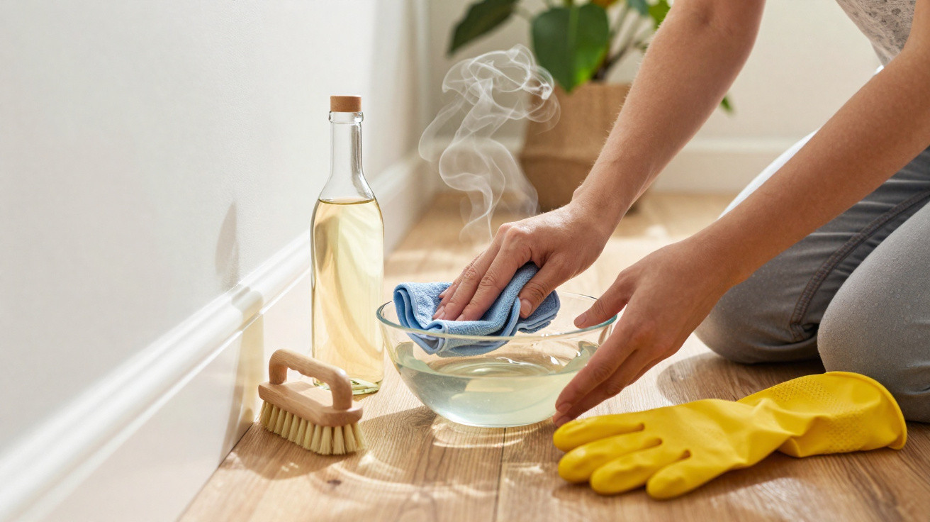 Person wiping wooden floor with cloth over steaming water bowl, cleaning brush, yellow gloves and bottle nearby.