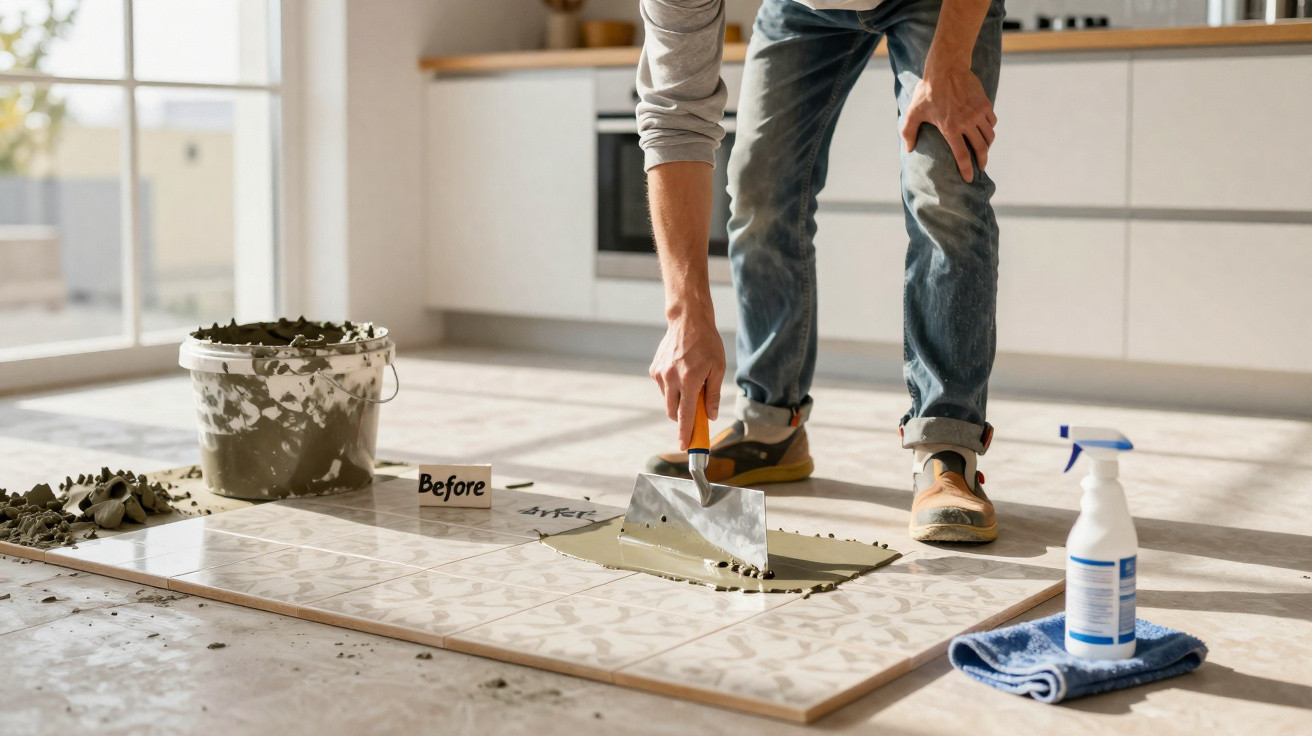 Person applying grout to newly installed patterned floor tiles in a sunlit kitchen with tools nearby.