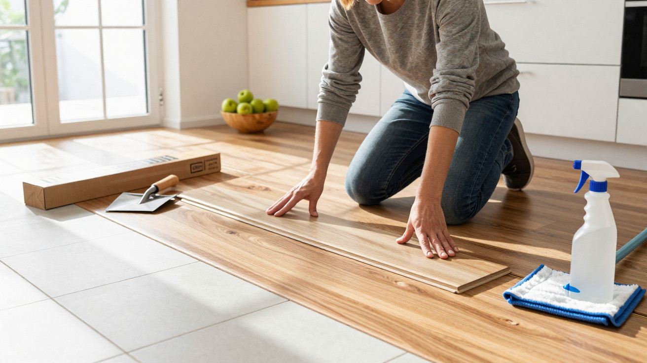 Person installing wooden flooring panels on the floor in a bright, modern kitchen.