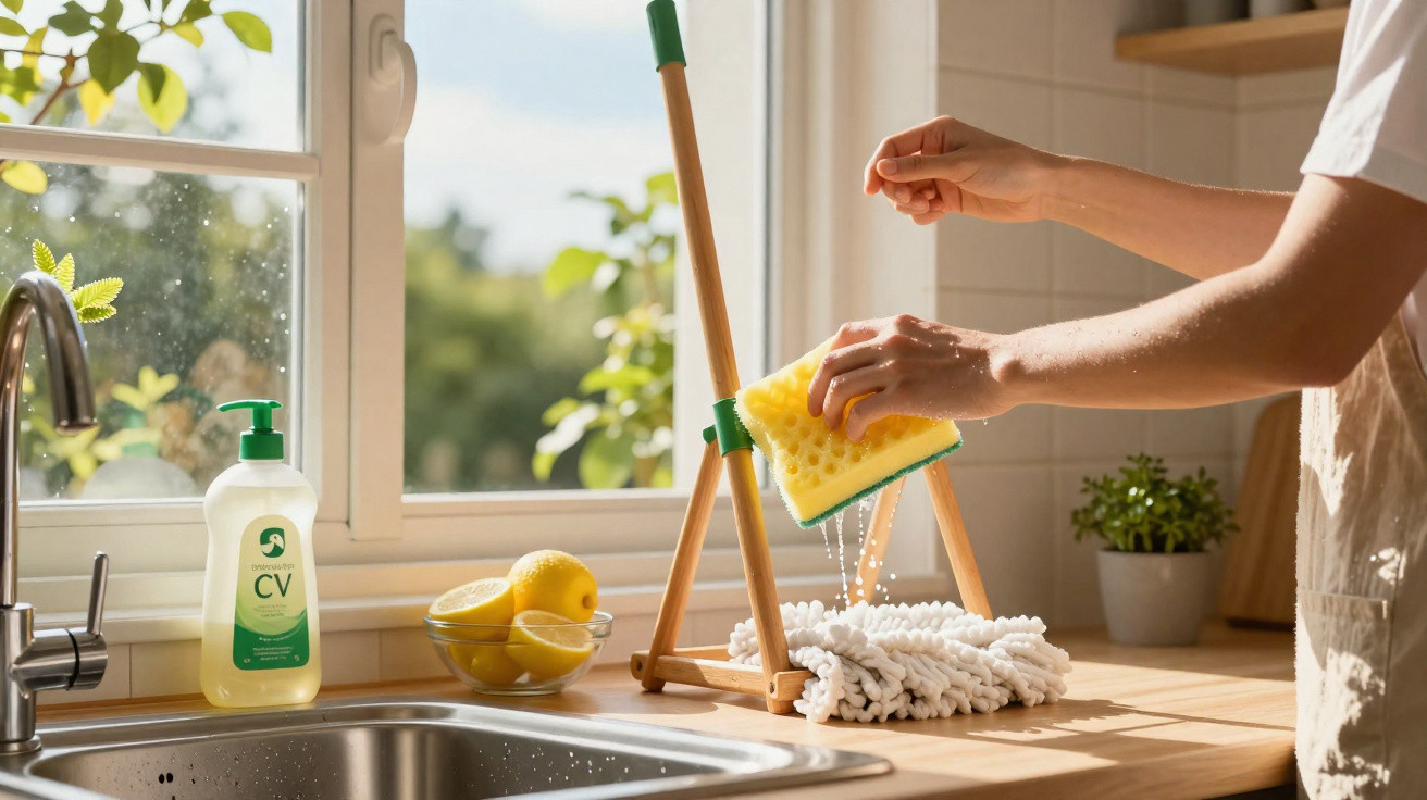 Person wringing out a yellow sponge over a mop in a bright kitchen with a window, sink, and dish soap visible.
