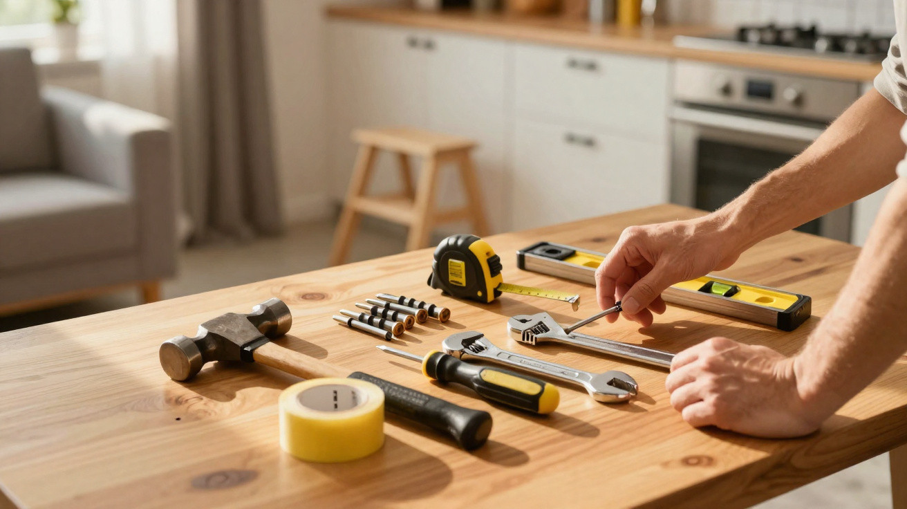 Person arranging various tools including hammer, screwdriver, wrench, tape measure, and screws on wooden table.