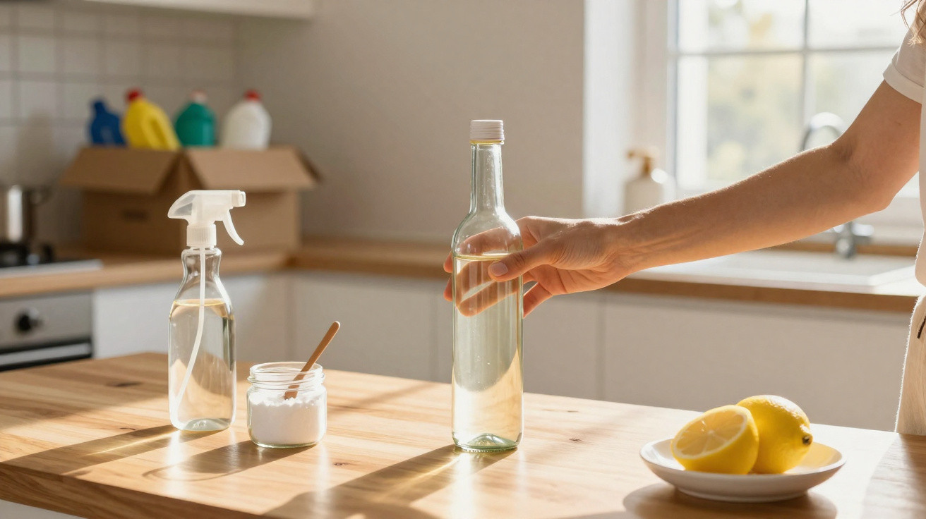 Hand holding a glass bottle with cleaning spray, baking soda jar, and lemons on a wooden kitchen table.