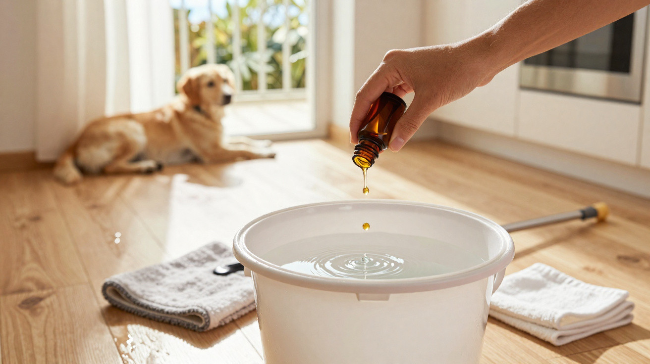 Hand dripping essential oil into a white bucket of water on a wooden floor, dog lying in background.