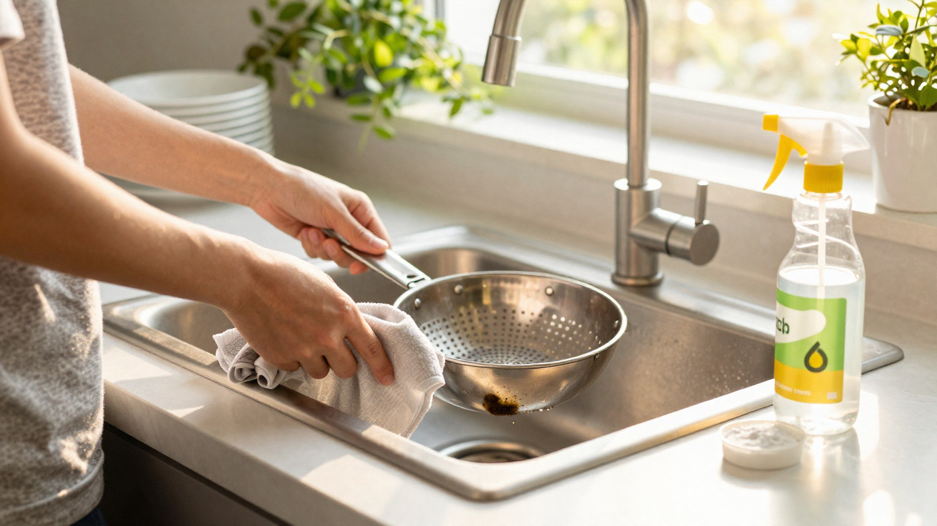 Person cleaning a burnt stainless steel colander over a kitchen sink with a spray bottle nearby.