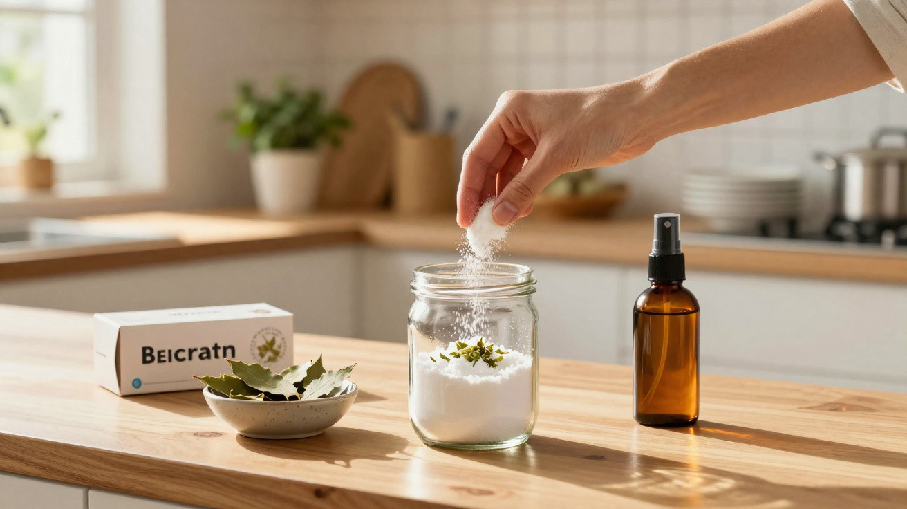 Hand sprinkling salt into a glass jar with bay leaves, a brown spray bottle, and a box on a kitchen counter.
