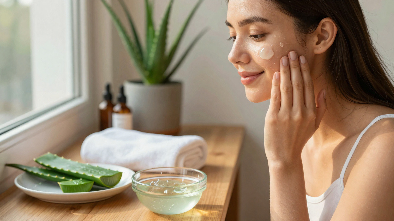 Young woman applying skincare cream to her face next to aloe vera and a small bowl of gel on a wooden table.