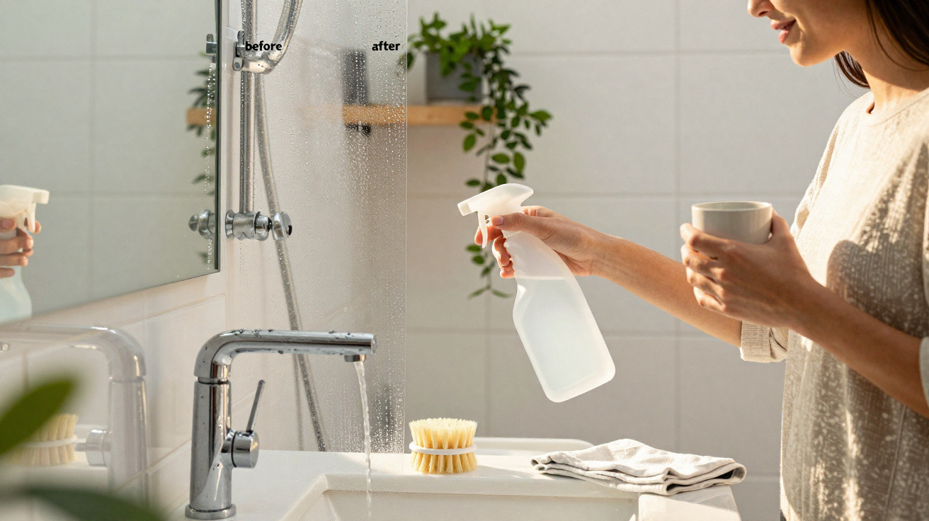 Woman holding a spray bottle and cup, cleaning a bathroom mirror showing before and after sections.