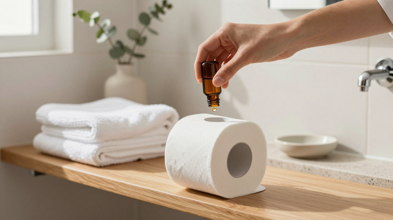 Hand drops essential oil from brown bottle onto a white toilet paper roll on wooden bathroom shelf.