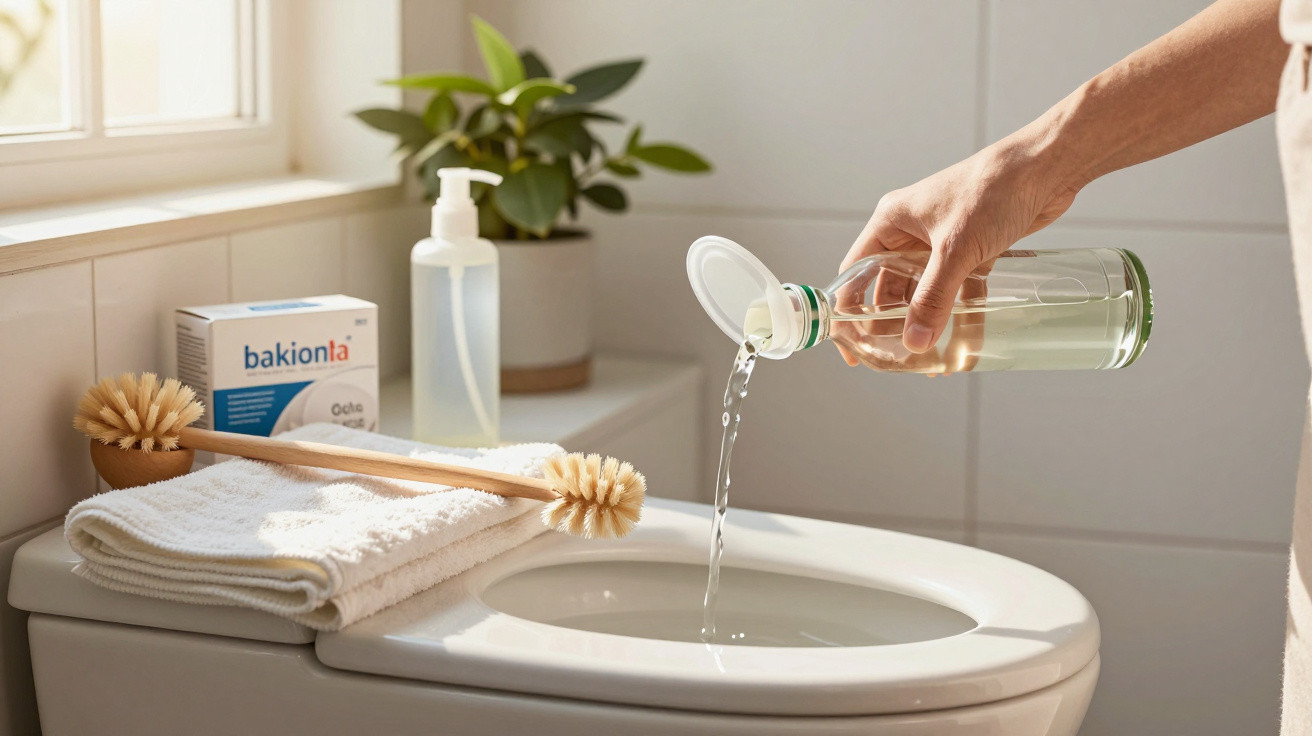 Hand pouring clear liquid from a bottle into a white toilet bowl in a bright bathroom setting.