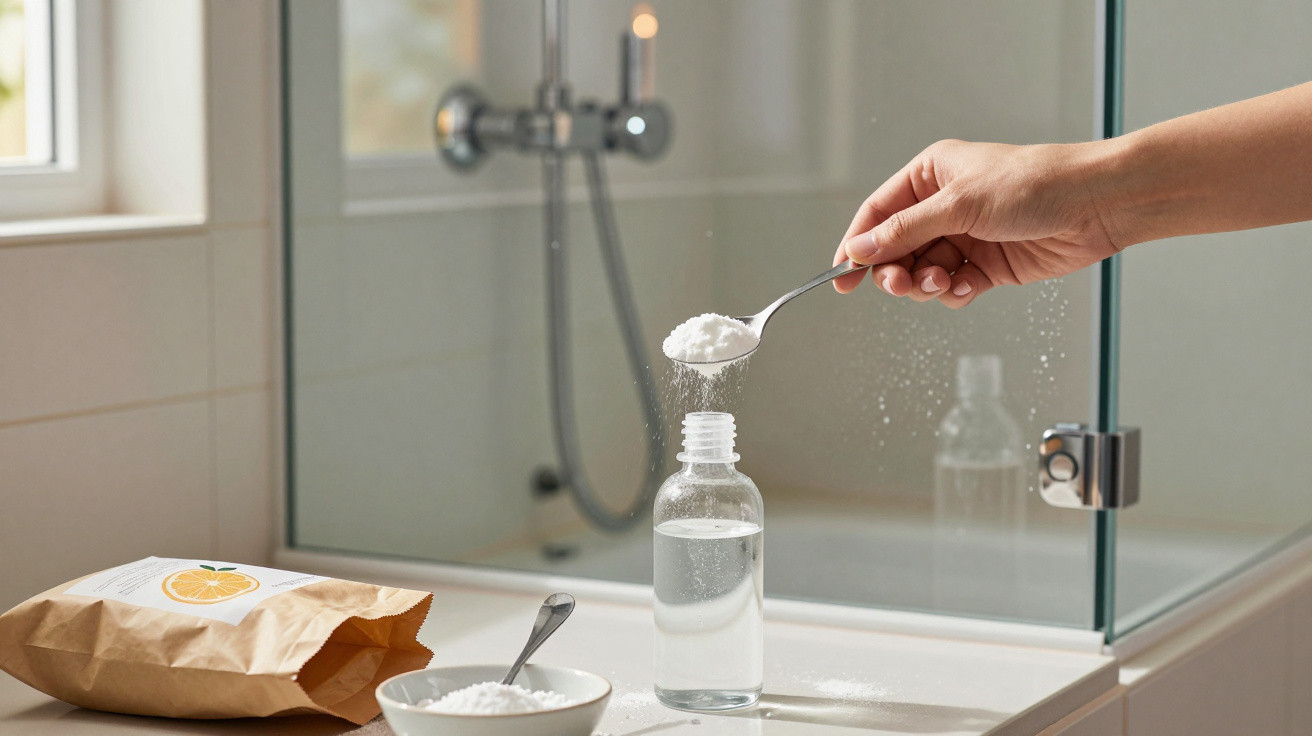Hand adding a spoonful of white powder into a clear bottle on a bathroom countertop near a bag and bowl of powder.