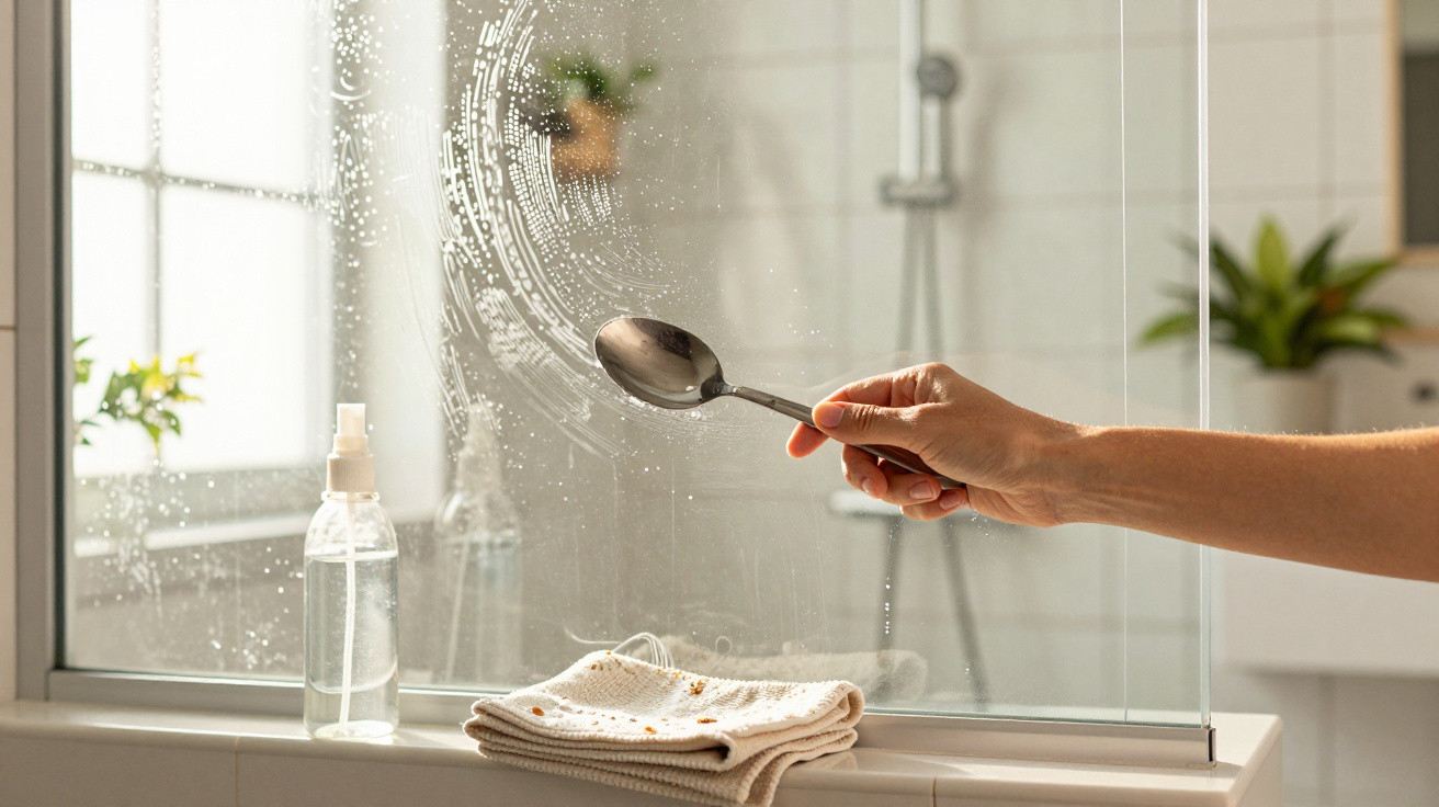 Hand holding a spoon cleaning a bathroom mirror with spray bottle and folded cloth nearby.