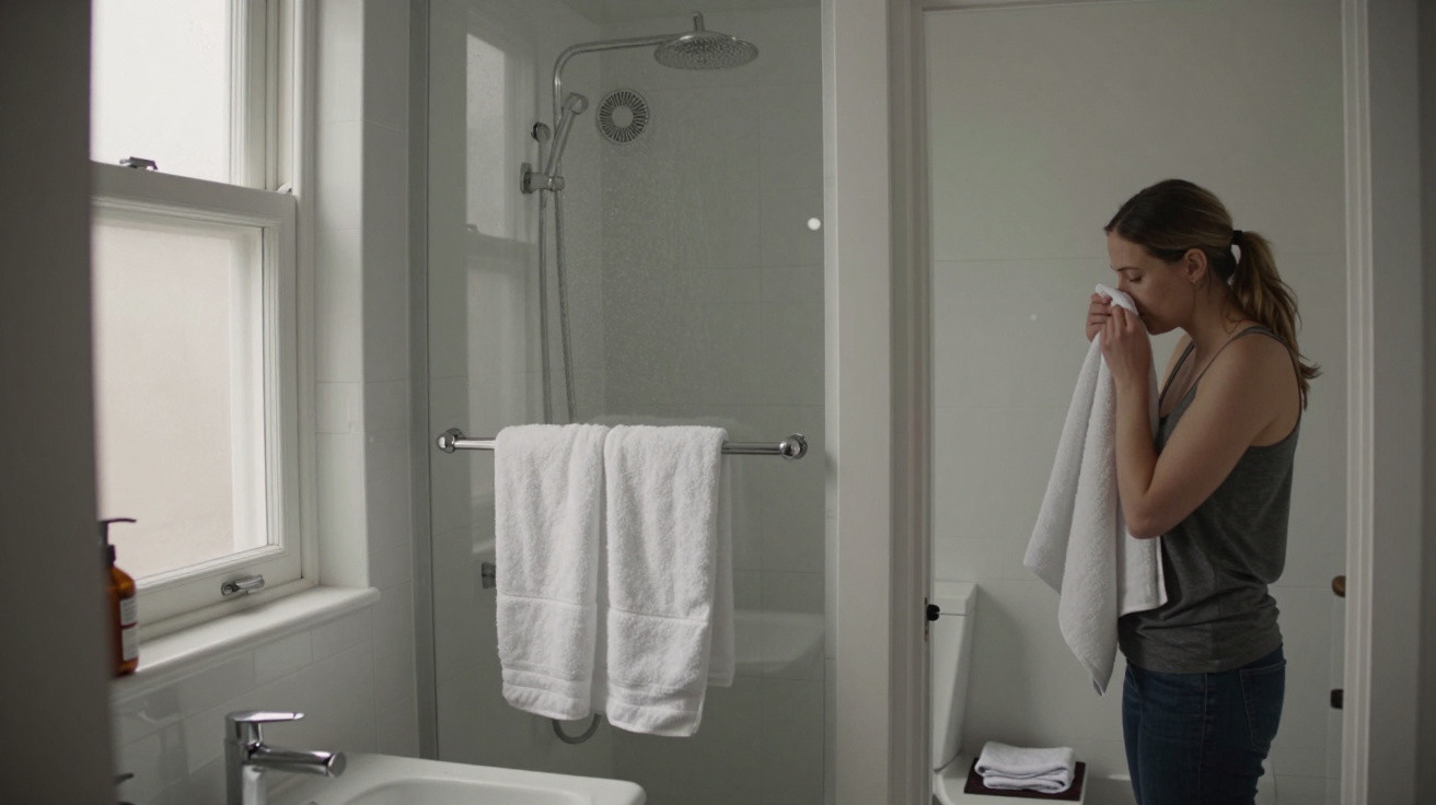 Woman standing in a bathroom, holding a towel to her face near a shower and window with white towels hanging.