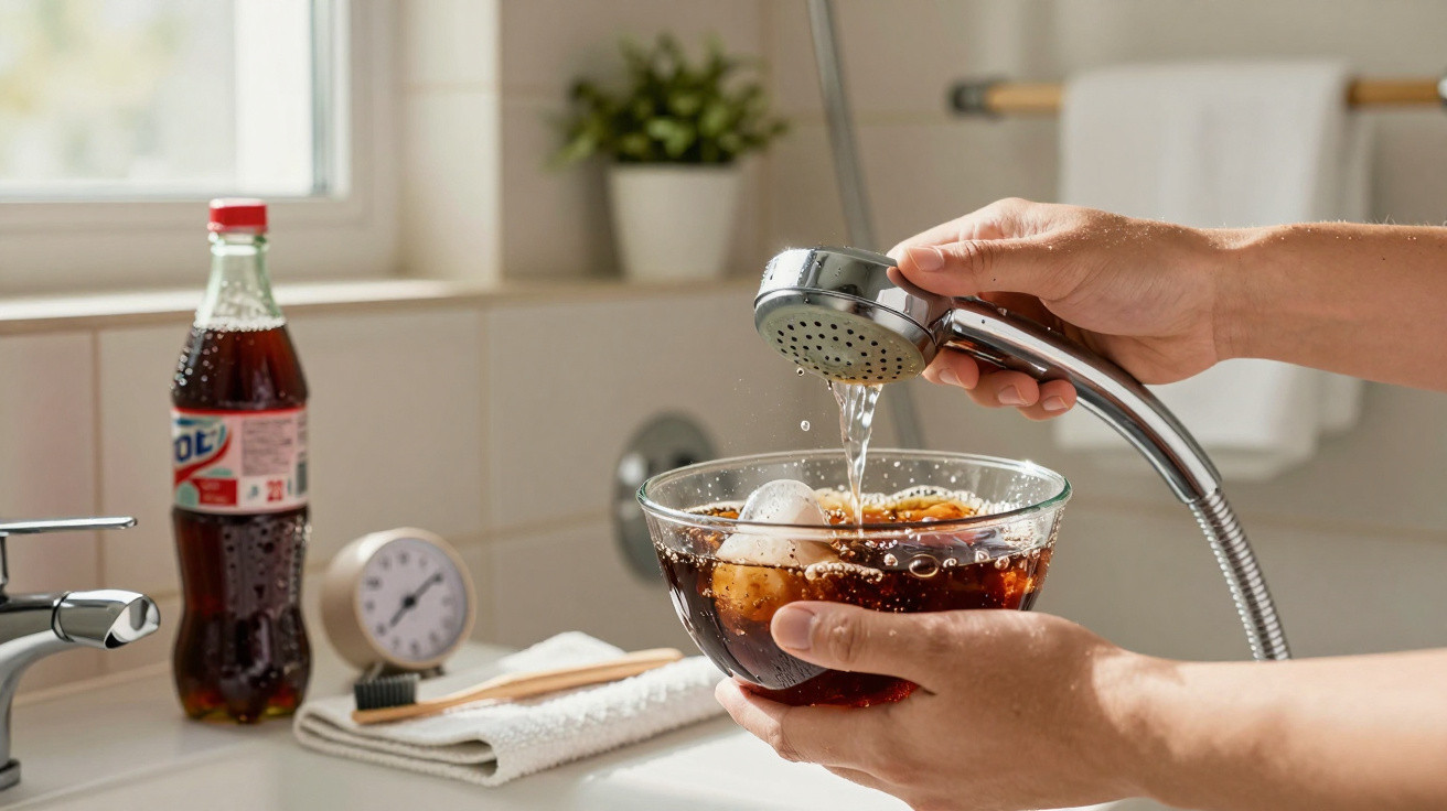 Hands rinsing a glass bowl filled with soda and ice using a handheld showerhead over a bathroom sink.