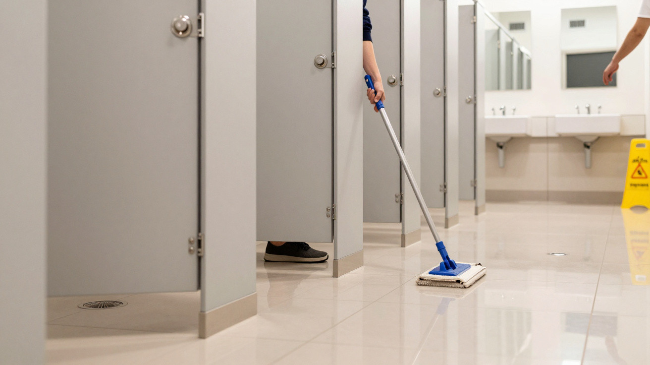 Person mopping floor in clean public restroom with stalls and sinks visible.