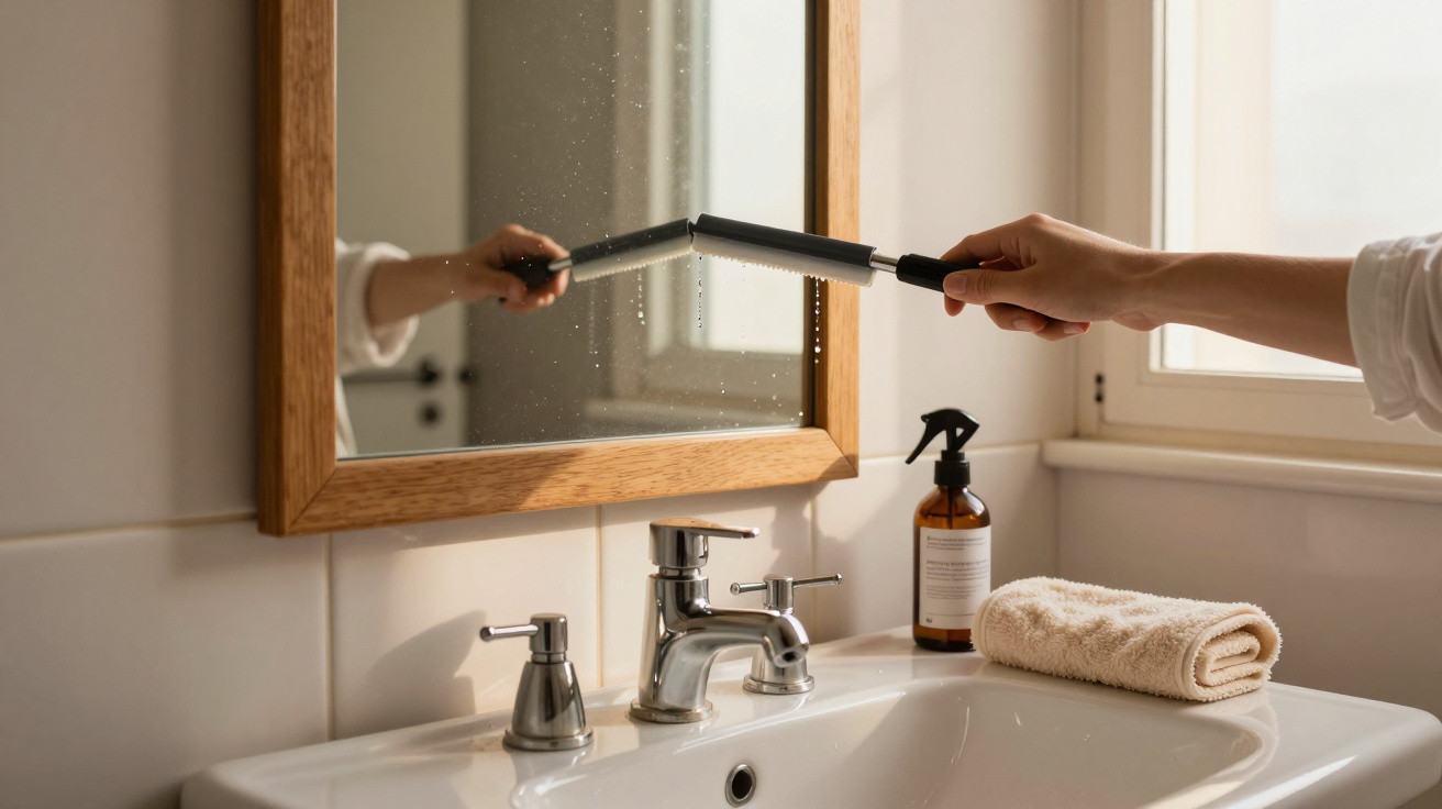Hand cleaning a bathroom mirror with a squeegee above a sink with a folded towel and spray bottle nearby.