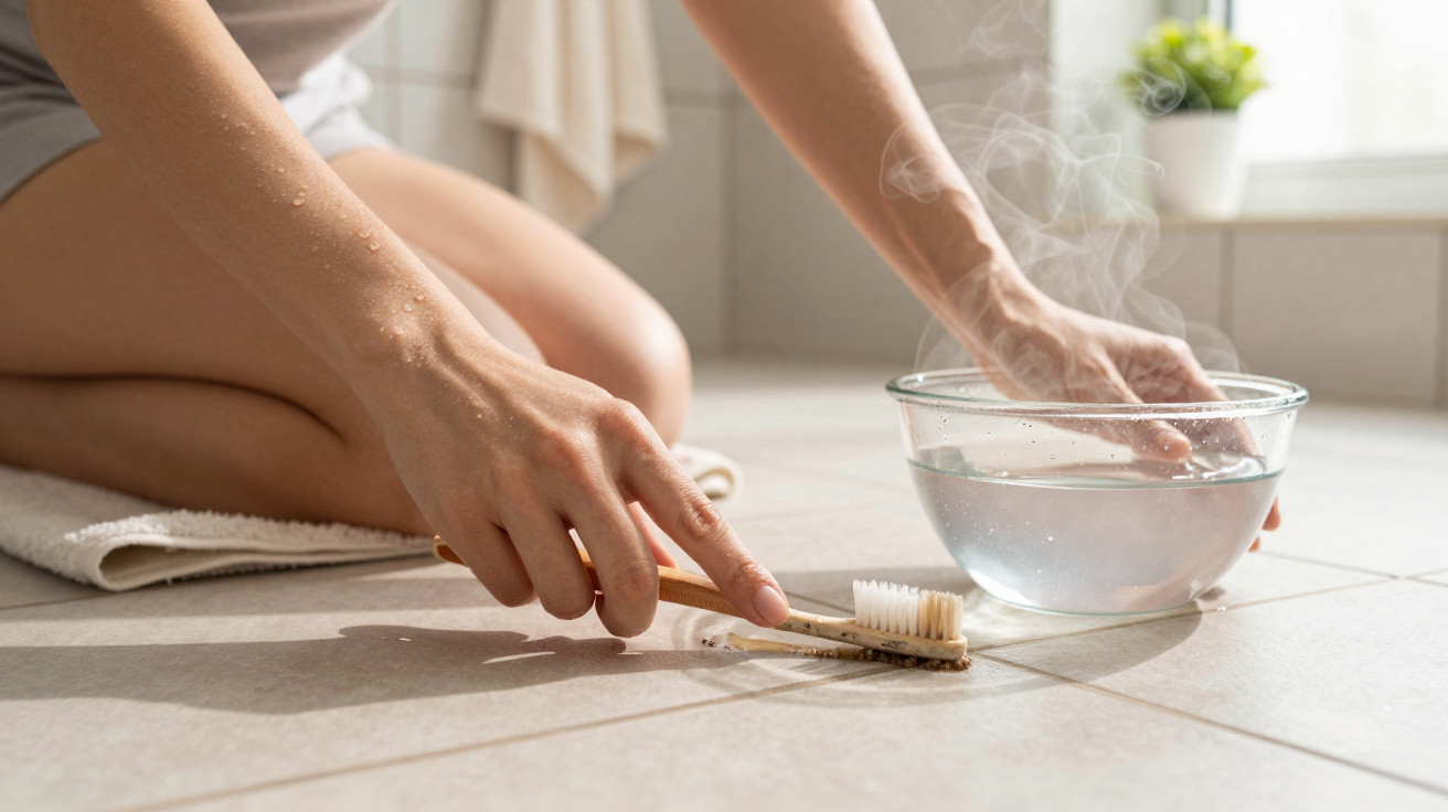 Person kneeling on bathroom floor scrubbing grout with brush beside a steaming bowl of water.