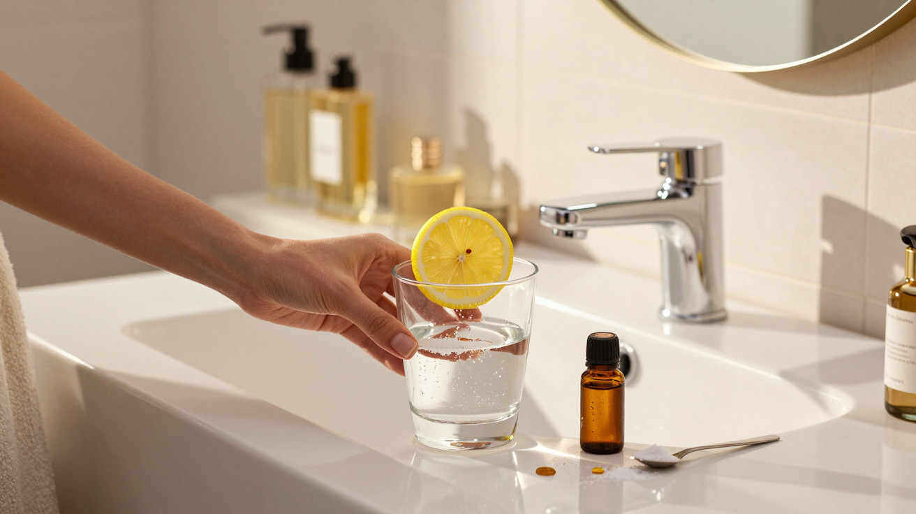 Hand holding a glass of water with a lemon slice on the rim beside medicine bottles and a spoon on a bathroom sink.