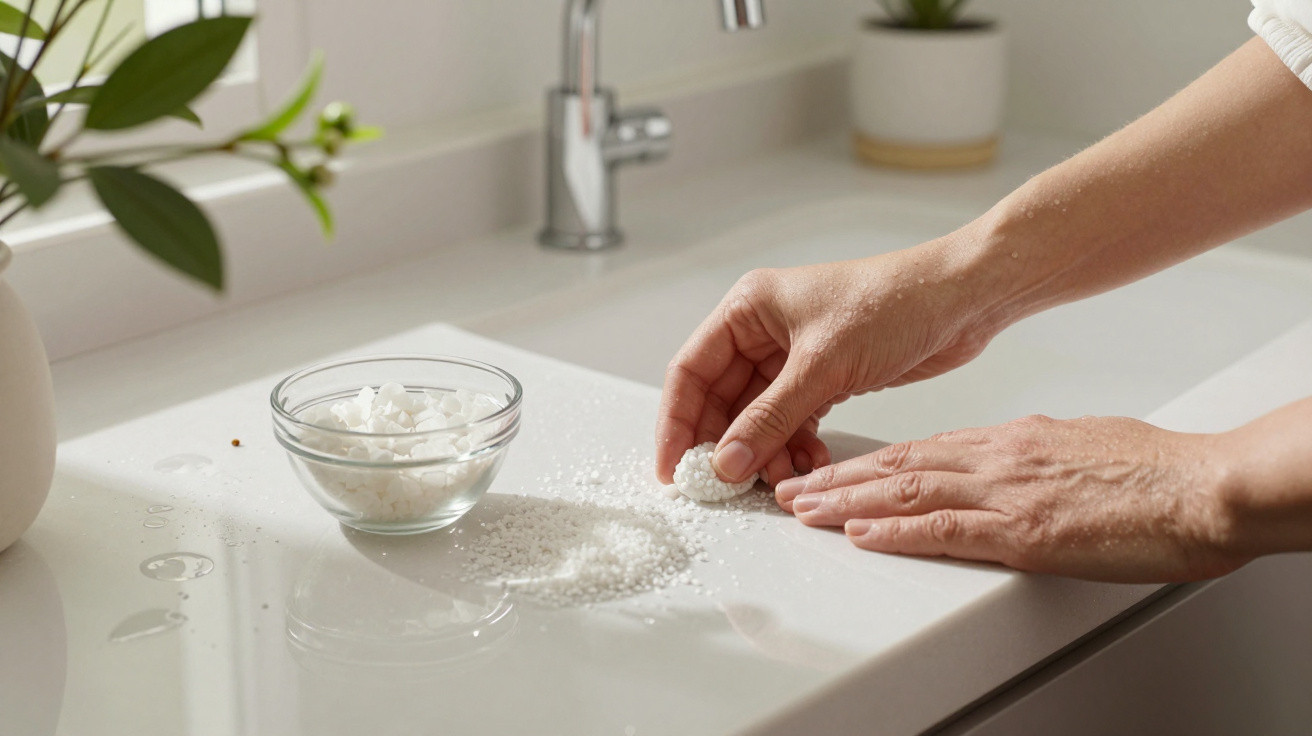 Close-up of hands shaping a white wax melt on a bathroom countertop with a glass bowl of wax beads nearby.