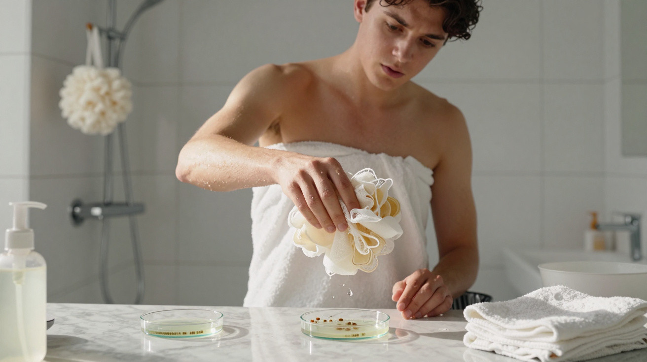 Young man in a towel straining seeds from a bath sponge into petri dishes on a bathroom counter.