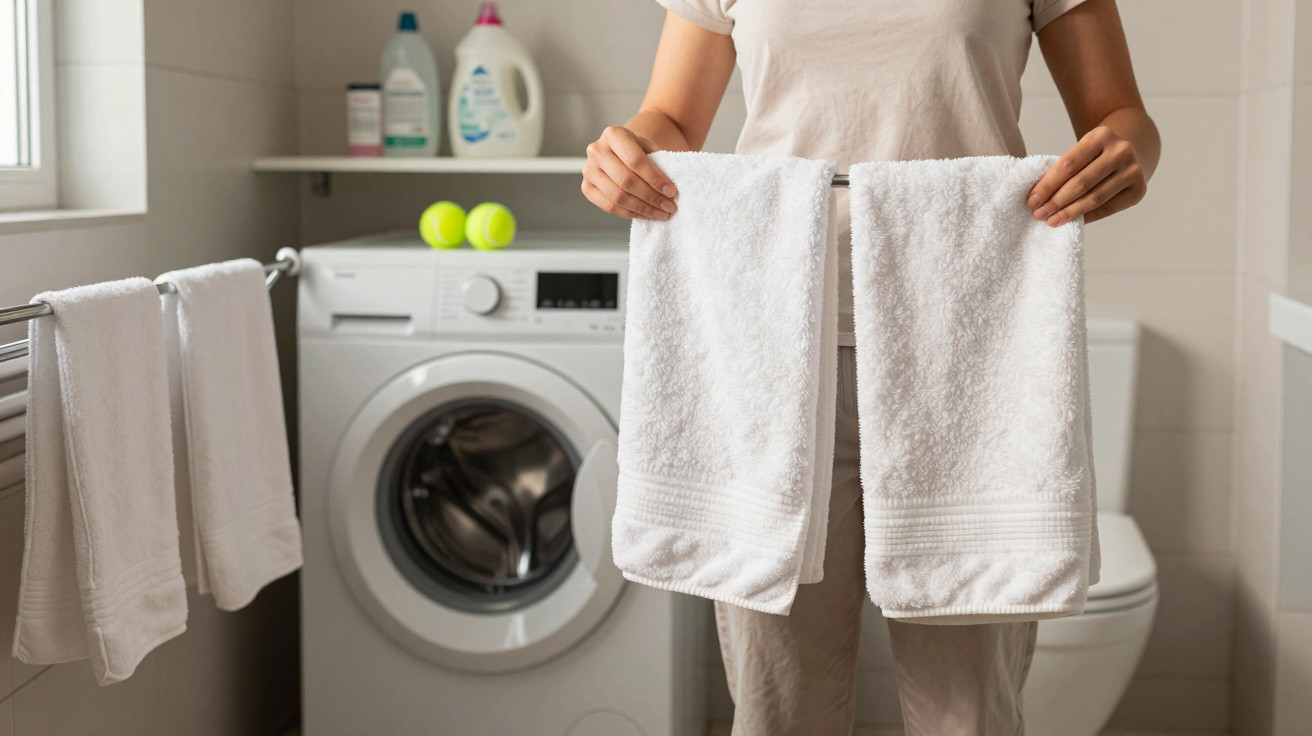 Person holding two clean white towels in front of a washing machine in a laundry room.