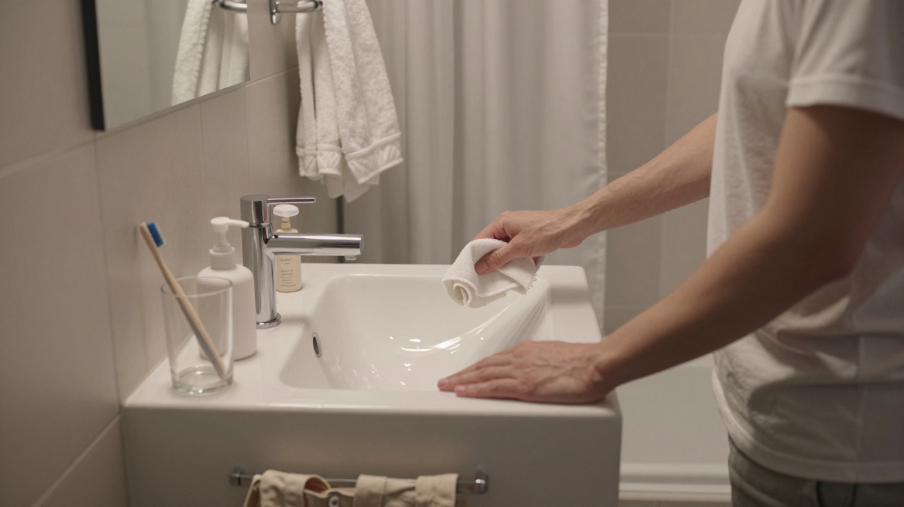 Person cleaning a white bathroom sink with a cloth in a tidy, minimalist bathroom.