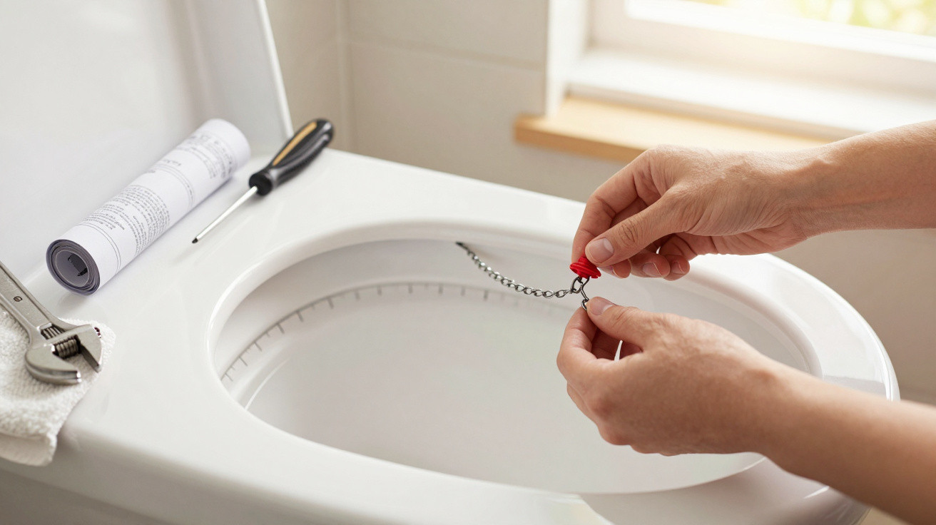 Hands holding a toilet flush chain above a toilet bowl with tools and instructions nearby on the cistern.