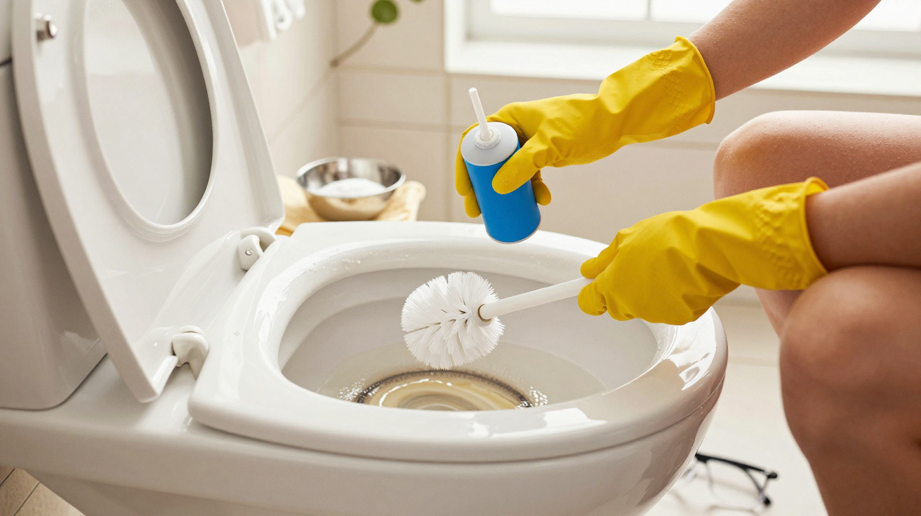 Person wearing yellow gloves cleaning a toilet bowl with brush and cleaner in a bathroom.