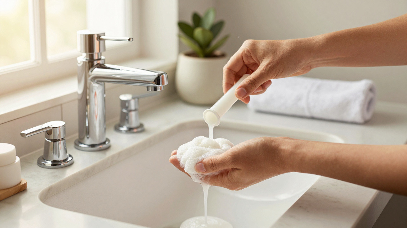 Hands pouring liquid soap onto a white bath sponge over a bathroom sink with chrome fixtures and a plant.