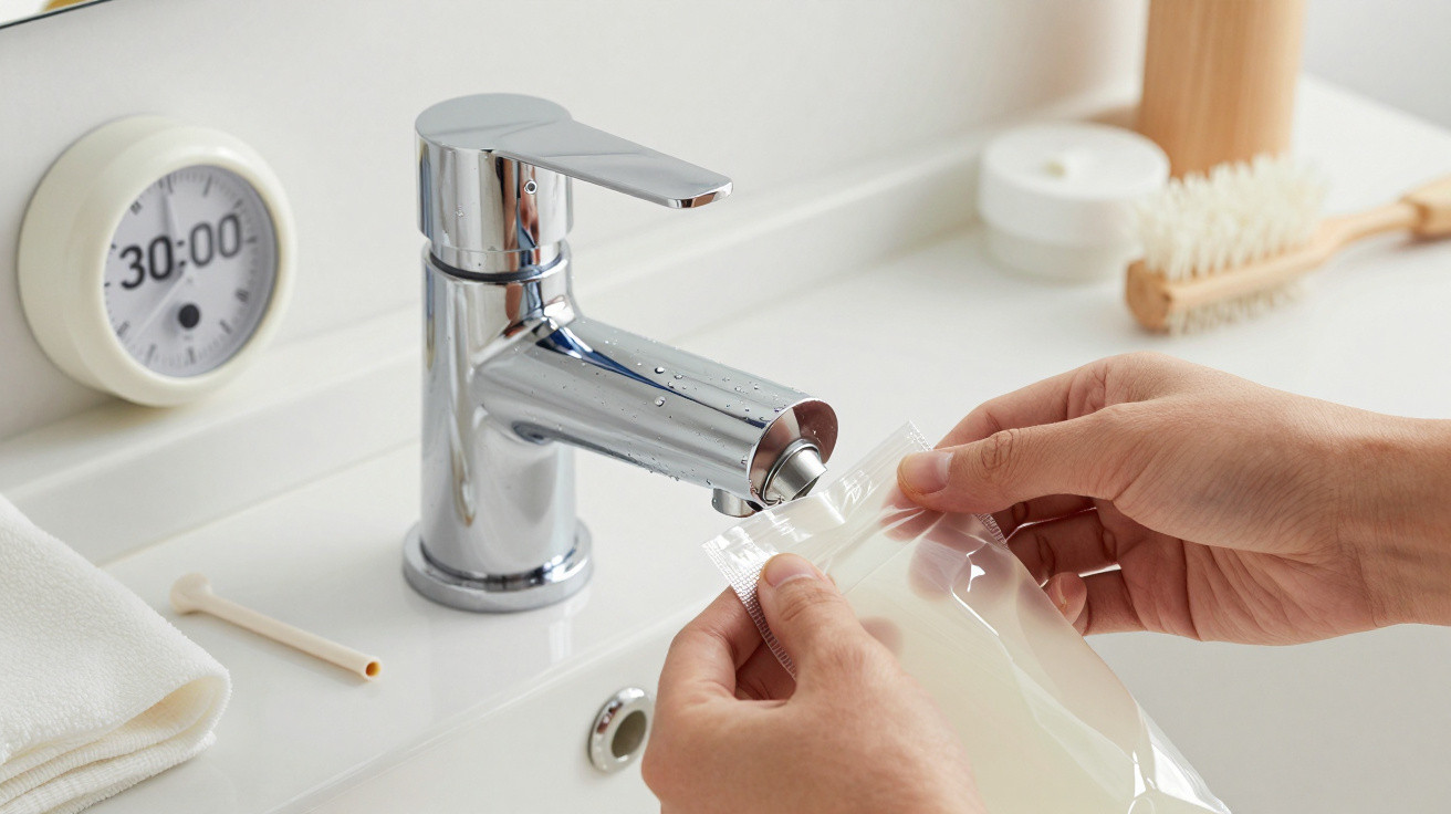Hands holding a clear plastic bag under a modern chrome bathroom tap with hygiene items in the background.