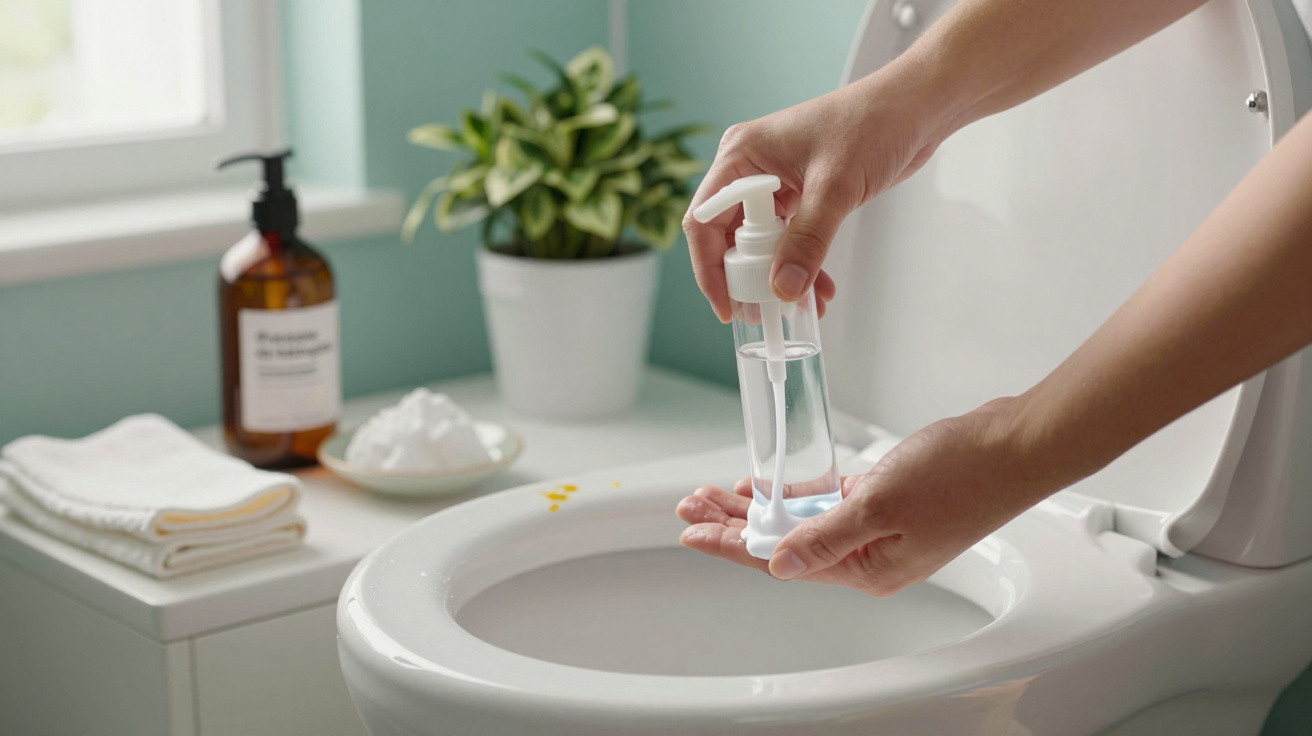 Person dispensing hand sanitizer over a white toilet bowl in a clean bathroom with plant and toiletries nearby.