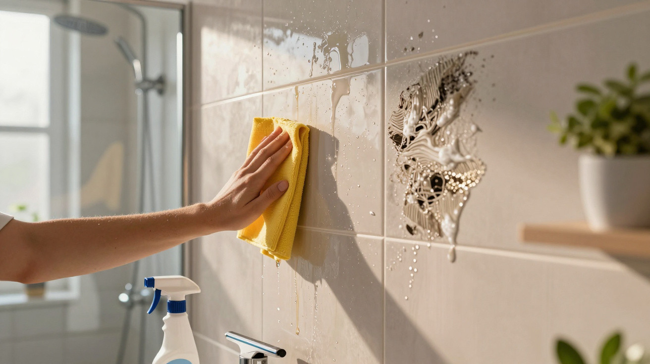 Hand wiping soap suds off bathroom tiles with a yellow cloth next to a spray cleaner and a plant.