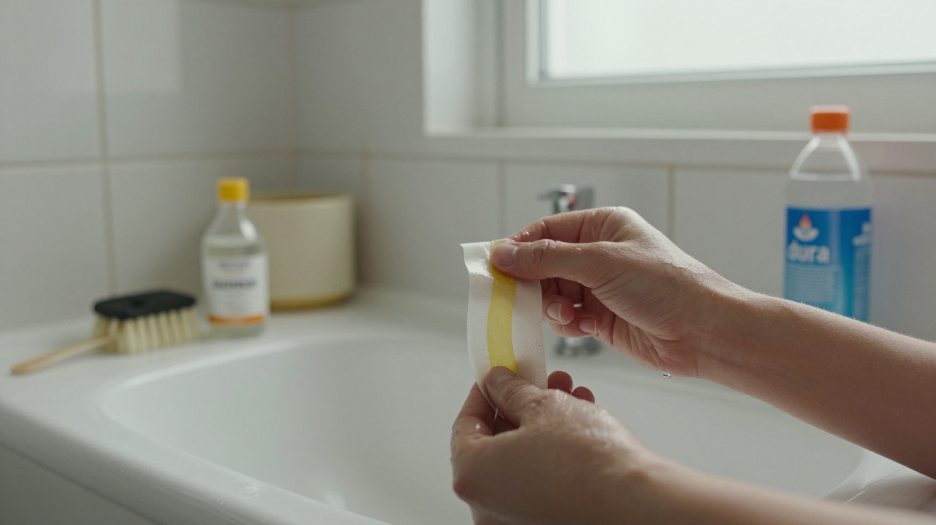 Hands holding a wax strip over a bathroom sink with bottles and a brush in the background.