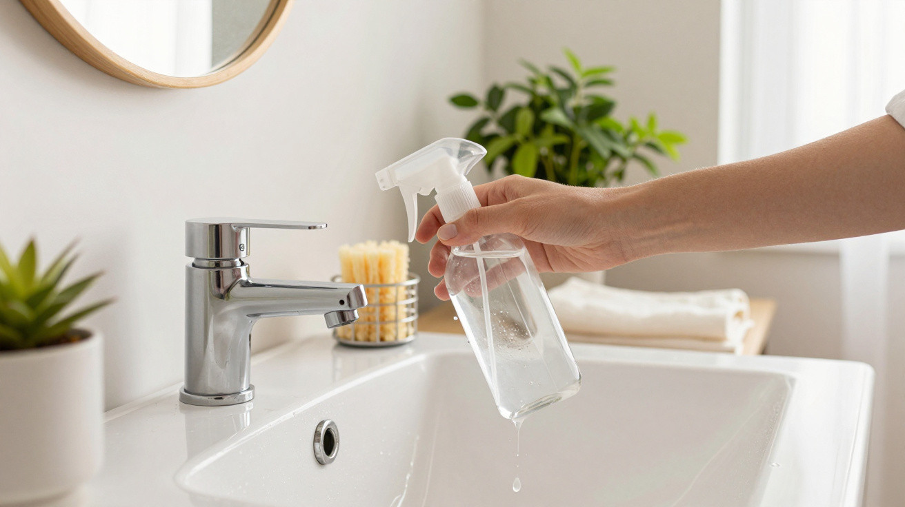 Hand holding a clear spray bottle above a white bathroom sink with chrome tap and plants in background.