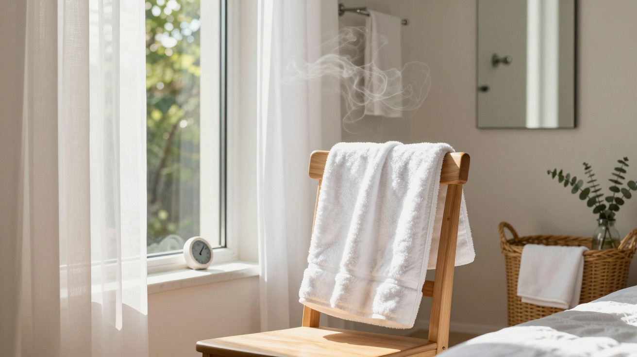 Sunlit bedroom with a wooden chair draped in a white towel and a steaming cup on the windowsill.