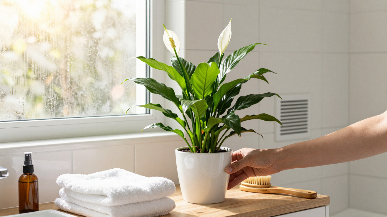 Hand adjusting a peace lily plant on a wooden bathroom counter next to folded towels and a window.