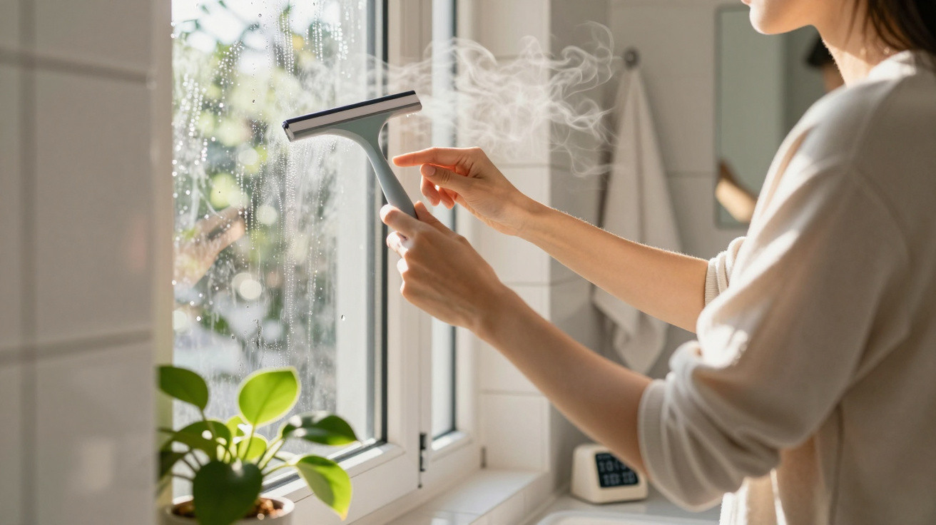 Person using a squeegee to clean a steamy bathroom window with a small green plant on the sill.
