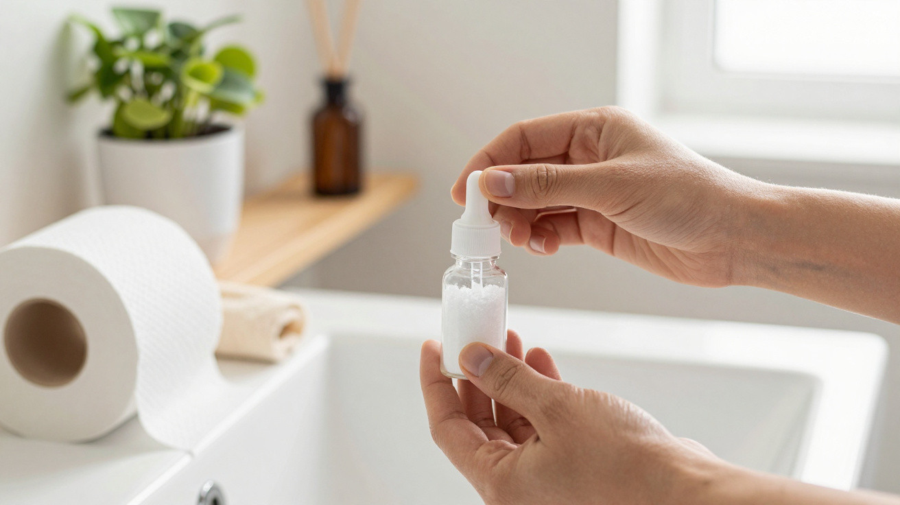 Hands holding a small clear dropper bottle with white powder above a bathroom sink with toilet paper nearby.