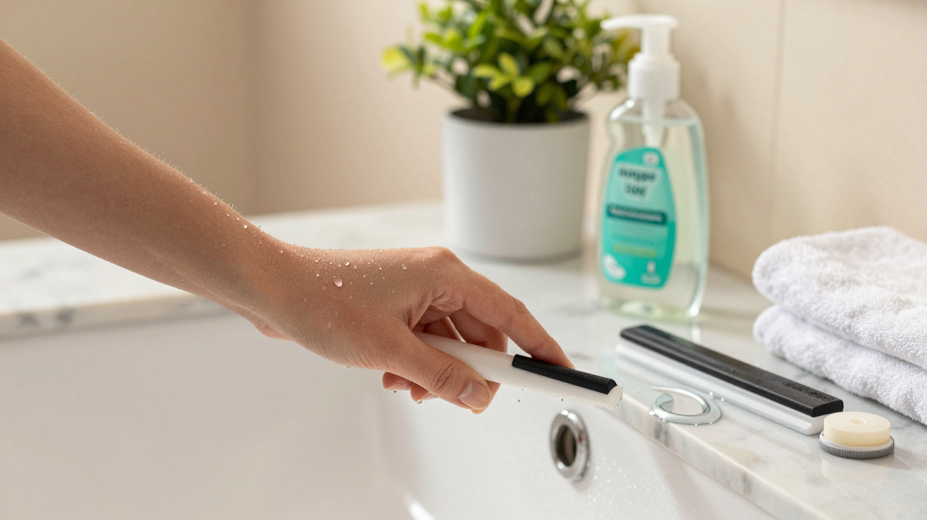 Hand adjusting white bathtub faucet with hand soap, plant, and folded towels on marble surface nearby.
